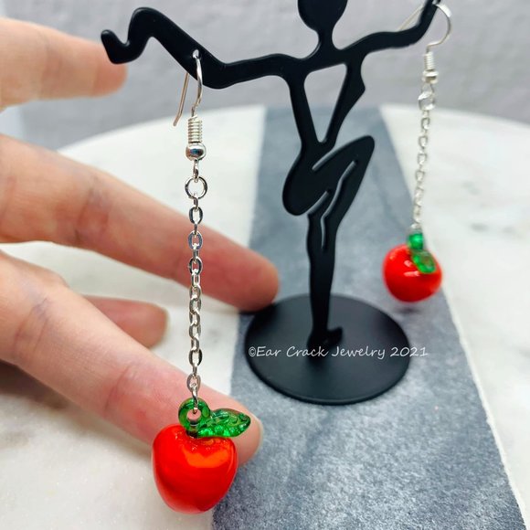 Red Apple Fruit Dangle Earrings - Picture 4 of 6